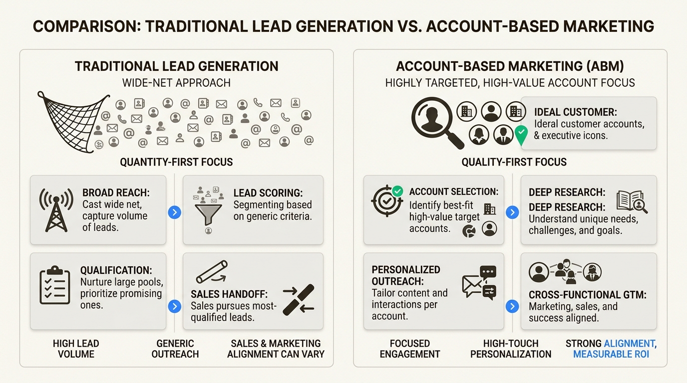 Choosing between broad lead generation and targeted ABM depends on your deal value and the complexity of your sales cycle.