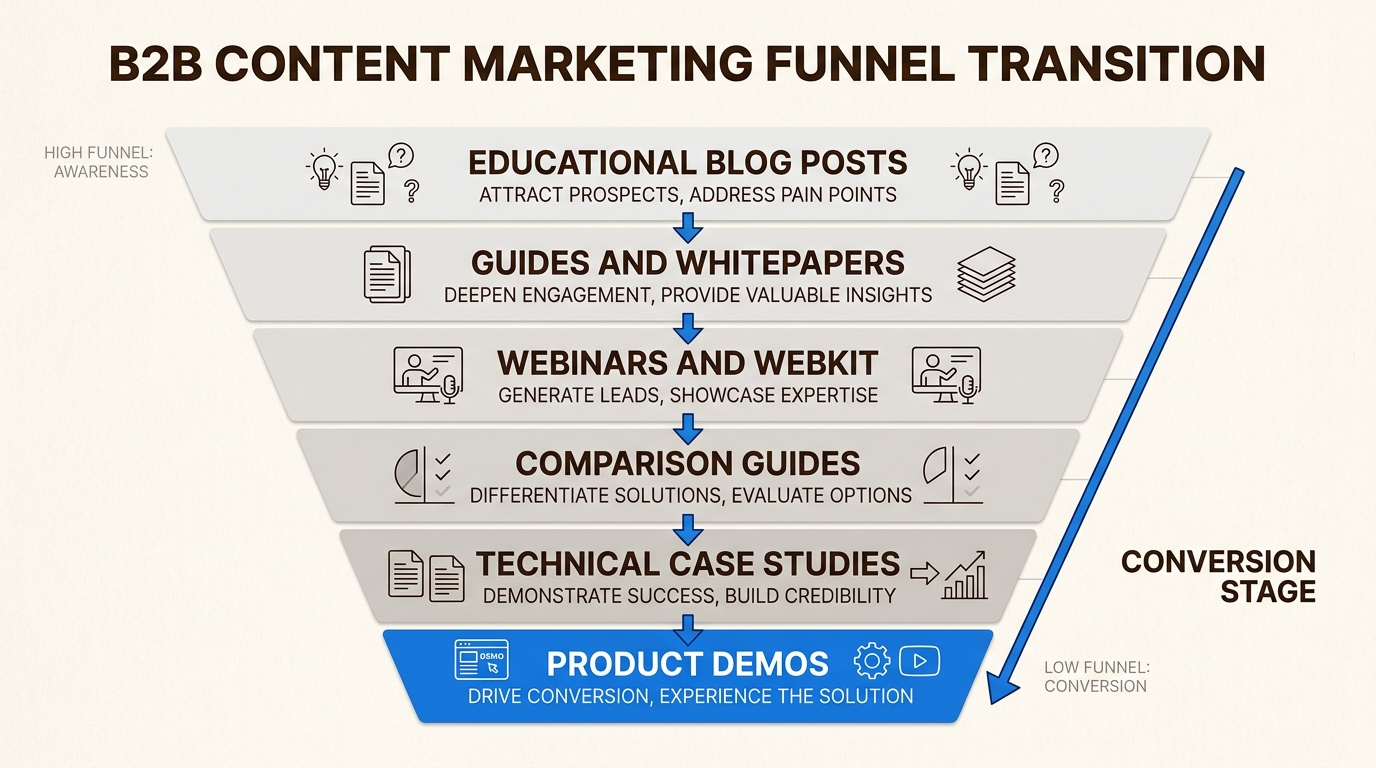 A structured content funnel guides prospects from initial awareness to a final purchasing decision through targeted educational resources.