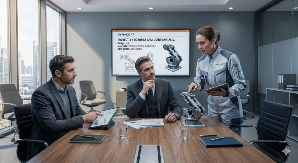 A collaborative B2B buying committee including a lead engineer, procurement manager, and CEO reviewing a robotics arm project analysis.