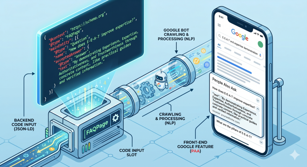 A technical SEO diagram showing how JSON-LD FAQ schema code is processed by Google bots to create 'People Also Ask' features on mobile search results.