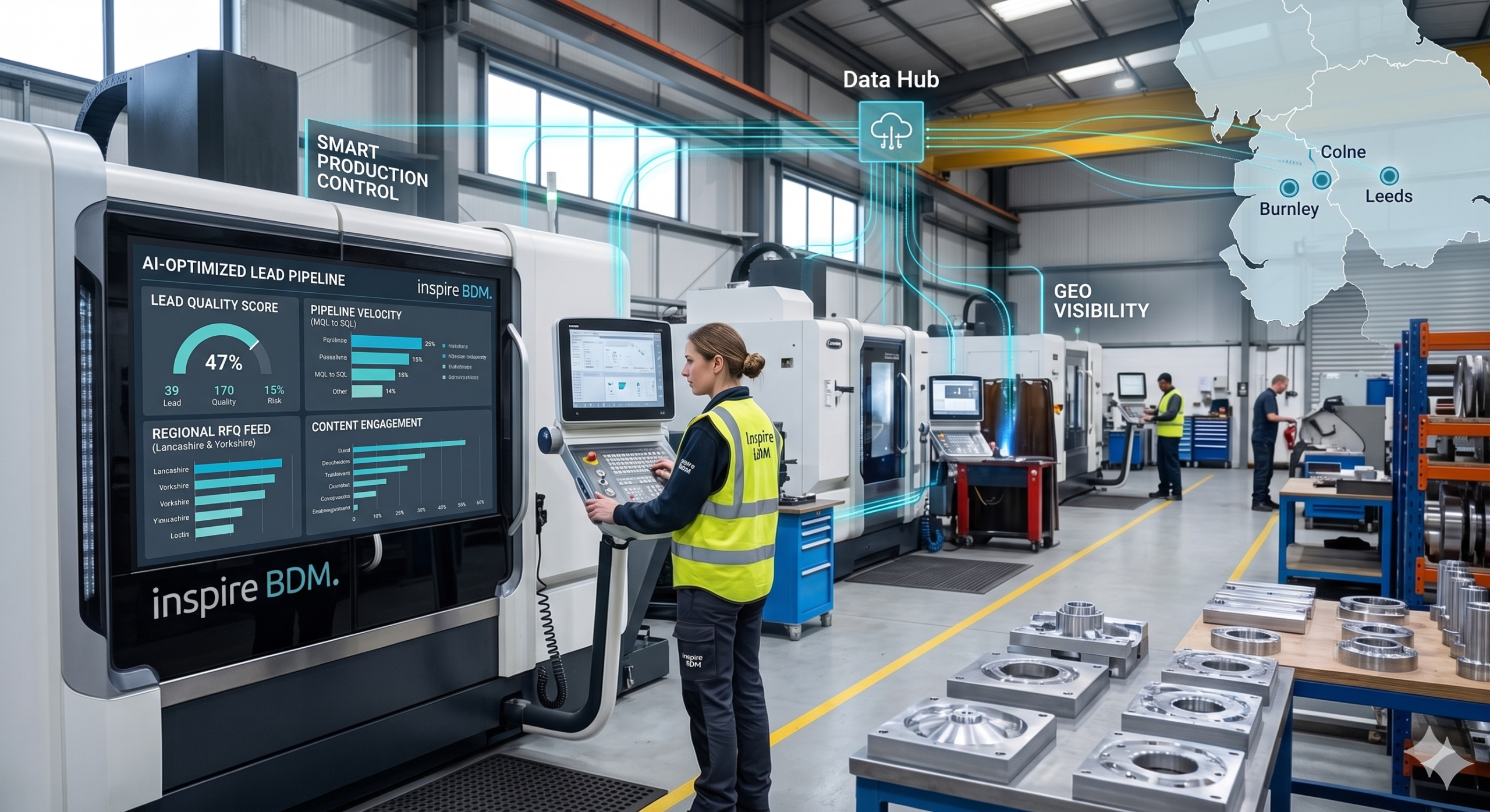 A grounded view of a tech-enabled engineering factory in the North West of England, showing how Inspire BDM integrates AI and data analytics into manufacturing lead generation