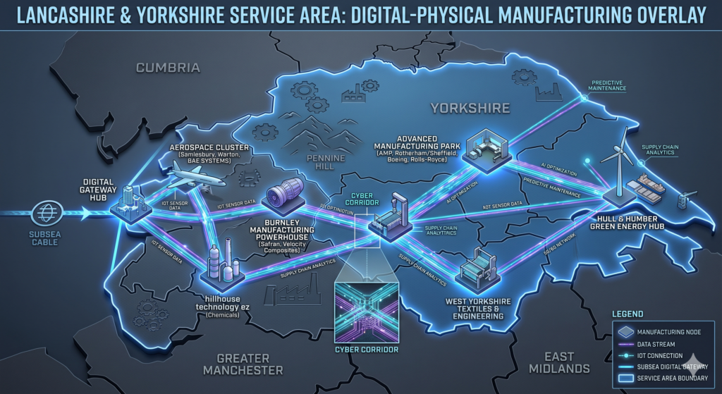 Detailed digital-physical manufacturing map of the Lancashire and Yorkshire service area, highlighting aerospace clusters in Samlesbury, the Burnley manufacturing powerhouse, and green energy hubs in Hull, managed by Inspire BDM.