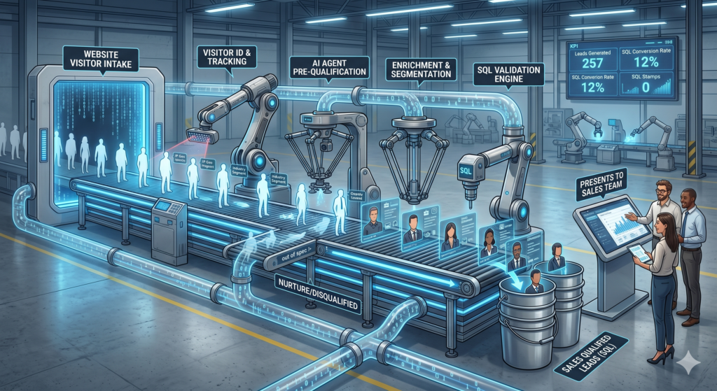 An infographic depicting an automated AI-driven lead generation pipeline as a manufacturing assembly line, from website visitor intake to Sales Qualified Leads (SQL) for Inspire BDM.