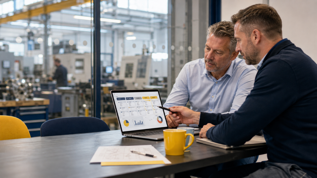 Business owner and business development adviser reviewing a CRM sales pipeline in a UK engineering company.