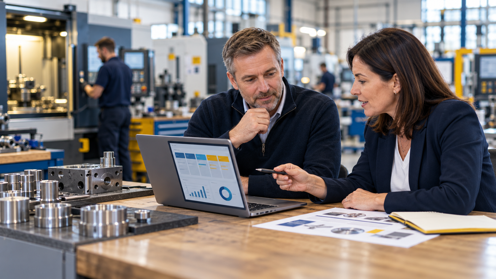 Engineering business owner reviewing a B2B sales pipeline with an outsourced business development adviser.